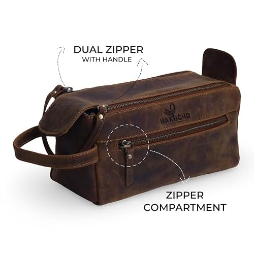 Walton Buffalo Leather Toiletry Bag for Travel, Tan Brown