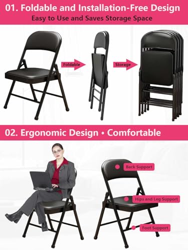 Black PU Leather Folding Chairs with Cushion 4 Pack Heavy Duty Steel - Variation: Black PU Leather