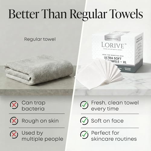 Disposable Face Towels XL 10 x 12, 60 Count ? 100% Cotton Clean Skin Towels, Ultra Soft Lint Free Face Towelettes for Skincare & Makeup Removal, Thick Facial Dry Wipes for Sensitive Skin