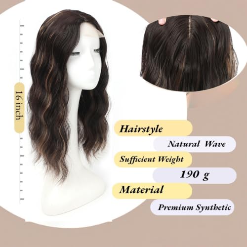 Lumhun 16-Inch Hair Topper for Women Dark Brown with Brown Highlight, 6.5x6.5" Heat-Resistant Synthetic