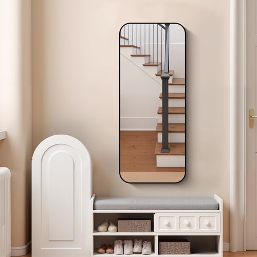 Black Bathroom Mirror 20x48 Inches Rectangle Wall Mount with Aluminum Frame – Rounded Corner Design