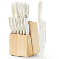 White 15-Piece Knife Set with Wooden Block & Built-In Sharpener - CAROTE