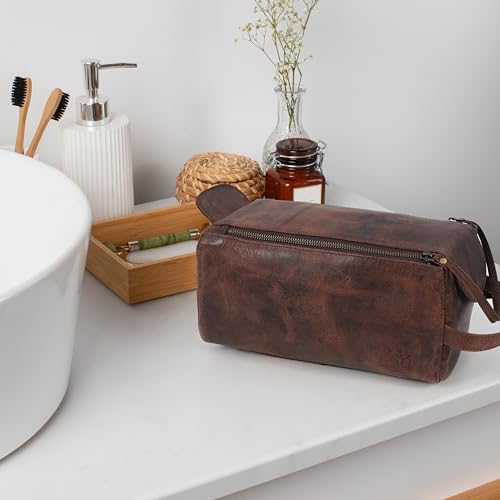 Dark Brown Full Grain Leather Men’s Travel Toiletry Bag with Dual Compartments
