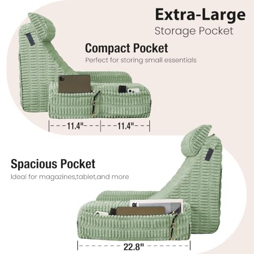 Reading Pillow for Bed Sitting with Large Pockets - Sage Green, Large