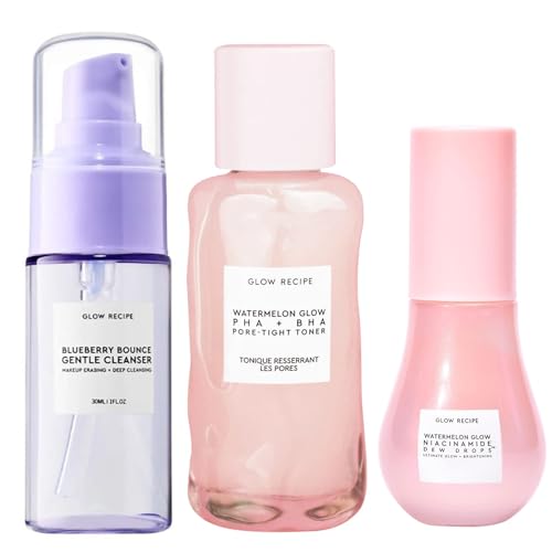 Glow Recipe Watermelon Glow Niacinamide Dew Drops Brightening Serum (40 ml) + PHA + BHA Face Toner (40 ml) + Blueberry Bounce 3-in-1 Foaming Double Cleanser, Makeup Remover & Clarifying Mask (30 ml)