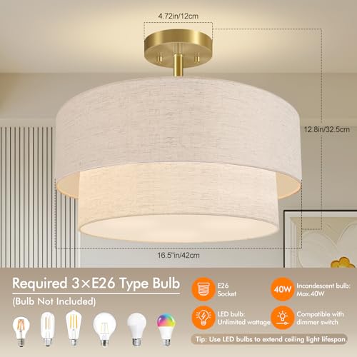 Semi Flush Ceiling Light 16.5'' with Linen Shade - Gold & Beige Variation