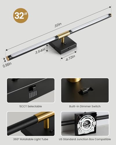 Black and Gold 32-Inch Dimmable LED Vanity Light Bar with 360° Rotatable Tube