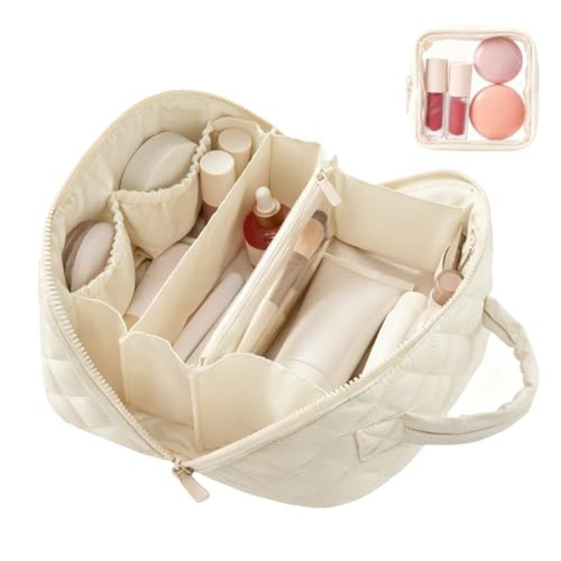 Makeup Bag Travel Toiletry Bag, Puffy Padded Make Up Bags for Women, Waterproof Cosmetic Organizer, Makeup Organizer Wide-open Pouch Purse, Travel Essentials for Toiletries Accessories Storage (White)