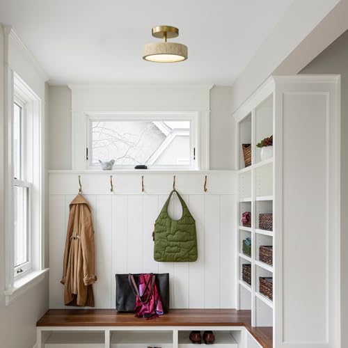 8-Inch Travertine Flush Mount Ceiling Light - Natural Stone & Gold Frame