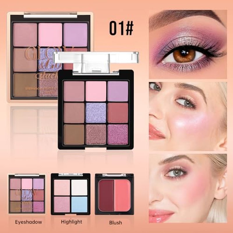 All-in-One Makeup Palette ? 9 Color Matte & Pearlescent Eyeshadow, 4 Color Shimmer Highlighter, 2 Color Buildable Blush ? Long Lasting, Blendable Face & Eye Makeup Kit (01#, 1 Count (Pack of 1))