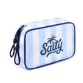 Travel Makeup Bag with Embroidered Salty Letter - Blue Striped Cosmetic Organizer for Women, Vacation & Beach Trips