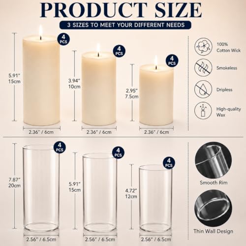 Ivory White Pillar Candle and Glass Vase Set - 24 Pieces with Hurricane Holders - Wedding & Event Decor (Variation: Ivory / 24)