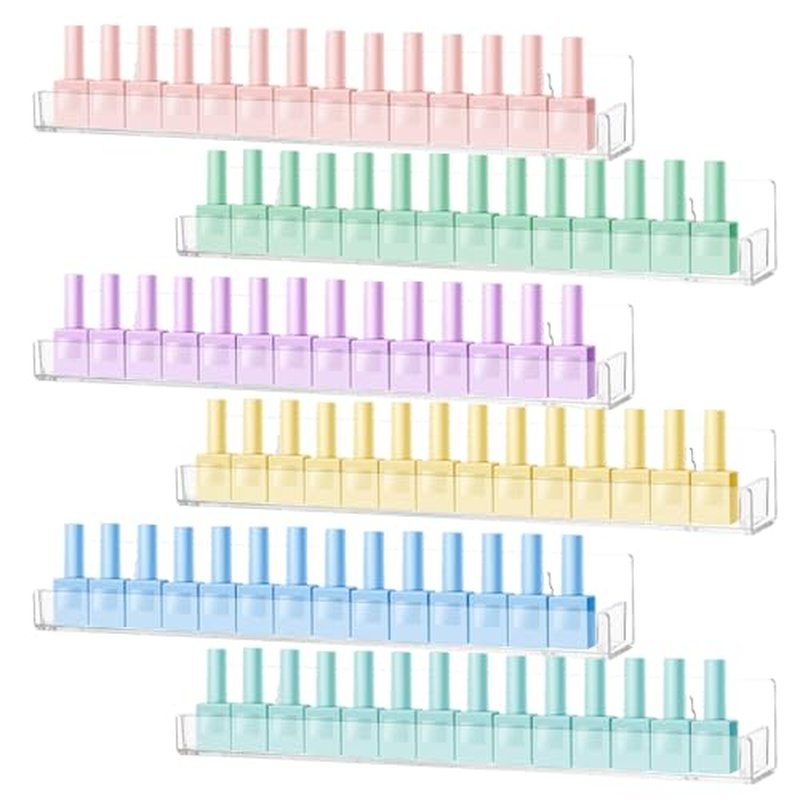 6 Pack Nail Polish Organizer Wall Mounted Shelf with Removable Anti-Slip End Inserts, Paint Rack Acrylic Organizers Display for Wall, Nail Polish Rack Displays 90 Bottles, 15 Inch