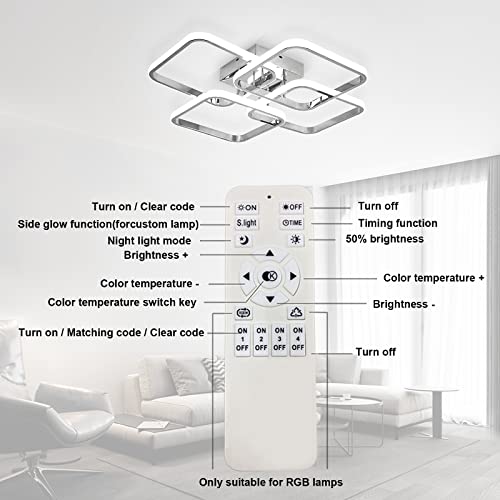 Dimmable Modern LED Ceiling Light with 4 Square Rings - Chrome Finish, 48W, Remote Control