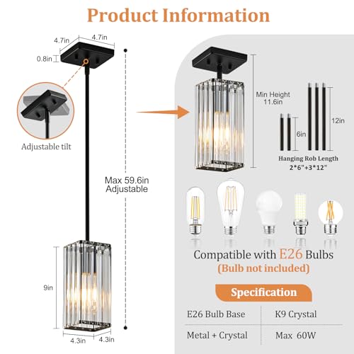 Kvhiiw 3-Pack Black Crystal Pendant Lights for Kitchen Island & Dining Room - Adjustable Height, Dimmable, Modern Design
