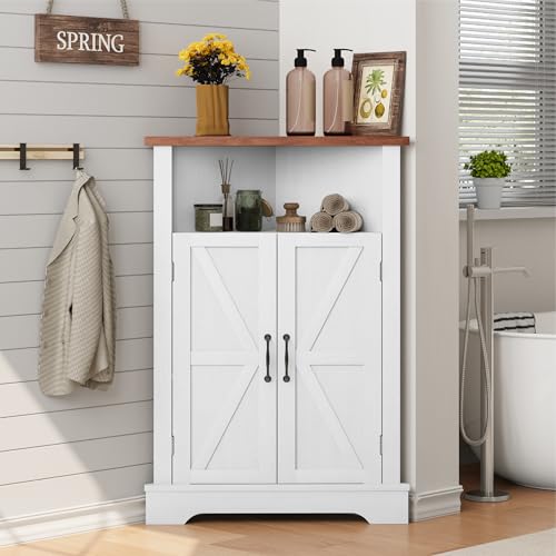 Farmhouse Corner Storage Cabinet with Barn Door - White Narrow Organizer