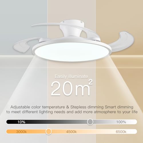 White 42-Inch Retractable Ceiling Fan with Lights & Remote Control - Modern Low Profile Fandelier for Bedroom & Living Room
