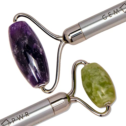 Amethyst + Jade Roller for Face and Neck Massage - Dual Gemstones, Travel Bag