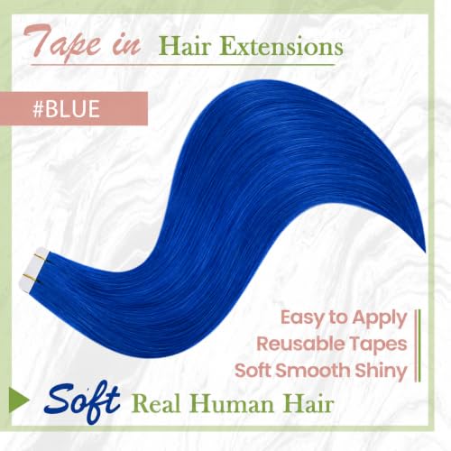 Blue Human Hair Extensions Tape-In 18 Inch Straight Remy Hair for Highlight & Cosplay - 25g/10pcs - Variation 1.2 Tape Blue / 18 IN