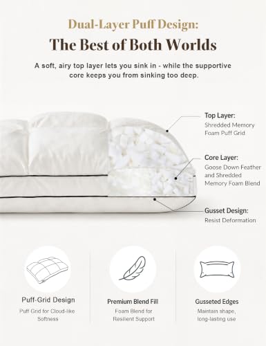 Queen Size Dual-Layer Goose Feather Down Pillow Set of 2 White