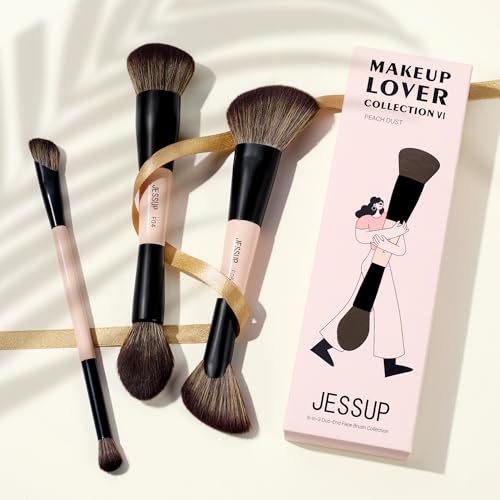 Jessup C-Peach Dust 3pcs Face Makeup Brush Set Double Ended for Foundation Contour Blush