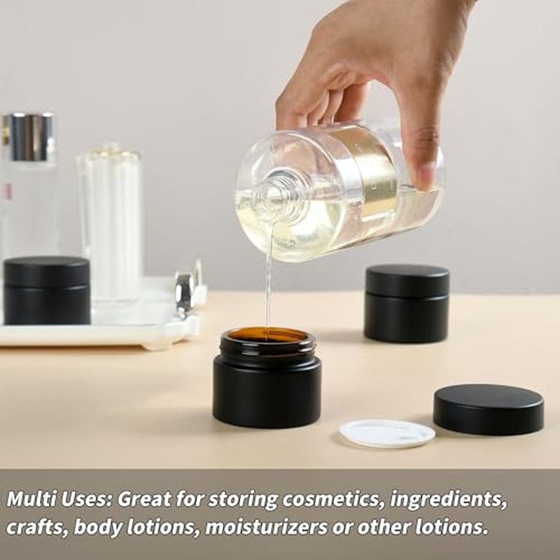 2 oz Reusable Black Glass Container Jars 24 Pack with Wide-mouth Leak Proof Cap and Inner Pull-On Lid for Travel Storage Makeup, Face Creams, Body Lotions, DIY Crafts or Others