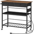 HOOBRO Rustic Brown & Black Kitchen Island with Storage, Rolling Cart, 2 Drawers, Outlet & Wine Rack