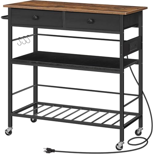 HOOBRO Rustic Brown & Black Kitchen Island with Storage, Rolling Cart, 2 Drawers, Outlet & Wine Rack