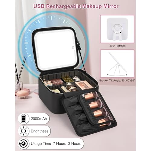Relavel Initial Makeup Bag with LED Mirror for Women, Personalized Travel Cosmetic Organizer Train Case, Birthday Gifts for Teens Girls Grandkids Graduation Teacher Friends, Trendy Stuff, Black A