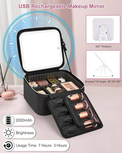 Relavel Initial Makeup Bag with LED Mirror - Black M Travel Organizer