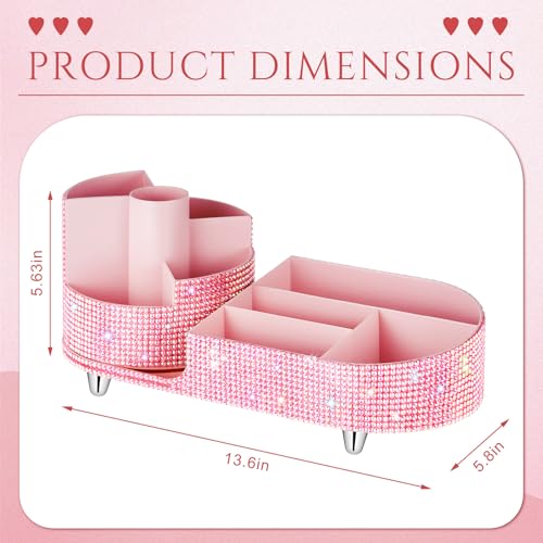Teen Girls Women Gift 360 Rotating Bling Makeup Organizer Large Rhinestone Diamond Bathroom Organizer Girly Skin Care Brush Holder for Countertop,Bathroom Essentials(Pink,Rhinestone)