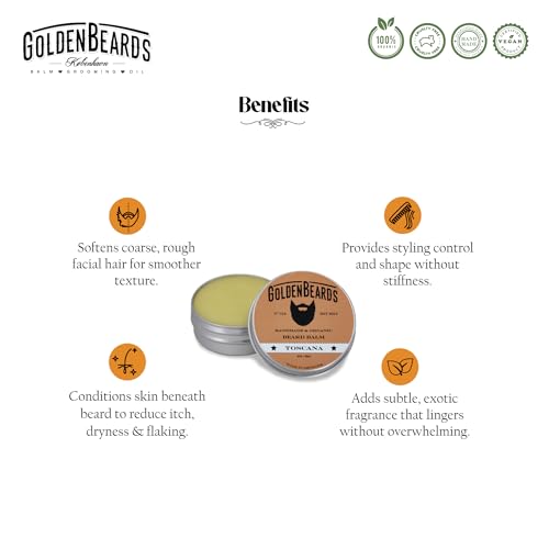 Golden Beards Organic Beard Balm Toscana ? Shea, Cocoa & Beeswax Blend with Juniper & Ginger Scent ? 60ml Vegan Styling Balm for Beard Softening & Conditioning, Handmade in Denmark.