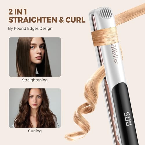 UKLISS 2-in-1 Hair Straightener & Curler - White & Pink, Titanium Flat Iron, 12 Temp, Auto Shut Off