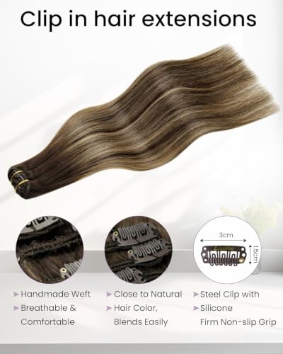 Clip-In Hair Extensions 12in Real Human Hair Balayage Light Chocolate Brown - 5 Pieces, 80g