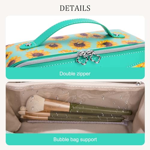 Travel Makeup Bag£¬Large-capacity waterproof cosmetic bag£¬Travel bags and toiletries bags for women£¬PU leather material£¬Multi-zone and large opening design (Sunflower)