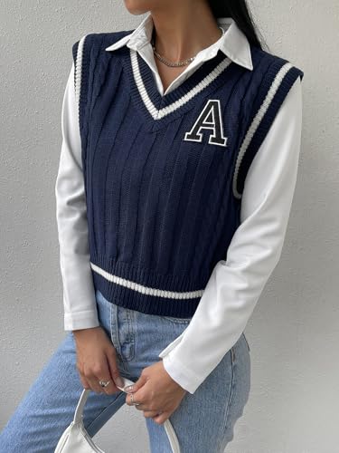 Large Navy Blue V Neck Letter Striped Sleeveless Sweater Vest for Women