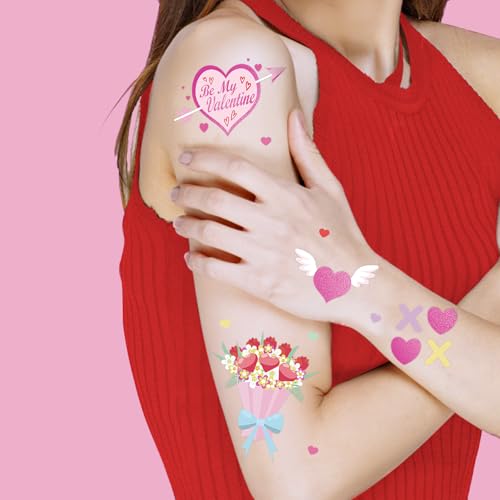 Valentine's Day Temporary Tattoos 68 Styles V-Day Hot Pink Foil Tattoos Galentines Day Decoration Be Mine Party Favor Valentines Candy Heart Supplies Classroom Exchange Prizes