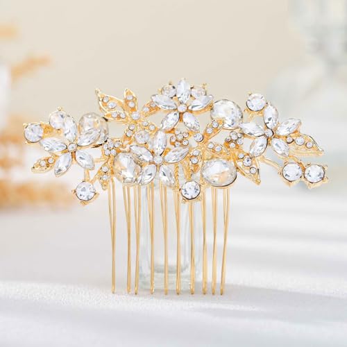 Olbye Rhinestone Crystal Bridal Headpiece - Flower Hair Comb, Clips for Brides, Bridesmaids, and Women (Gold)