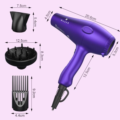 Lightweight 1875W Ionic Hair Dryer with Diffuser & Multiple Settings - Purple