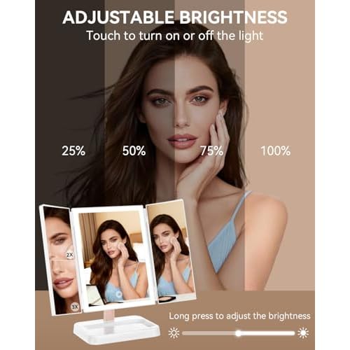 Vanity Mirror with Lights, Makeup Mirror 1X, 2X, 3X Magnification, Trifold 9" L x 14" W, Large Vanity Desk Mirror£¬Valentine¡®s Gift for Wife, Mom, Her - Gift for Girlfriend, Women & Teens