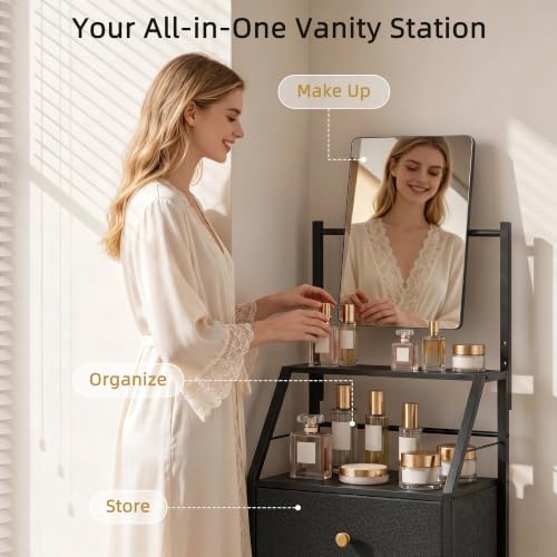 HIGDBFE Black Vanity Dresser with Adjustable Mirror, 4 Drawers, 15.3" W, 58" Height