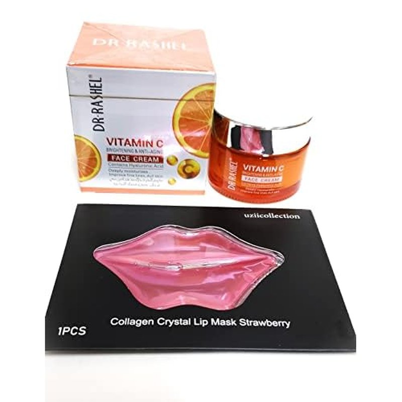 Dr Rashel Vitamin C Face Cream - Hyaluronic Acid , Anti Aging and Collagen Moisturizer - 1.76 oz + 1 Pcs of Collagen Crystal Lip Mask Strawberry