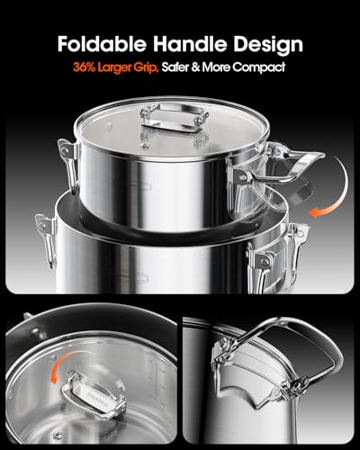 Stainless Steel Stock Pot Set with Glass Lids - 6-Piece Space-Saving Nestable Cookware