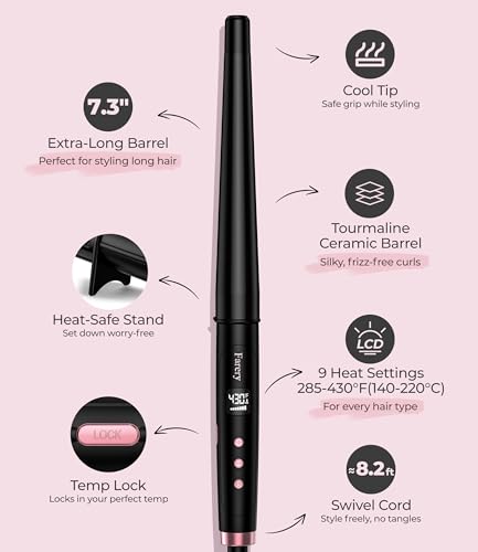 Farery Tapered Curling Wand with Extra Long 7.3-Inch Barrel, 3/4-1 1/4 Inch Conical, Adjustable Temperature