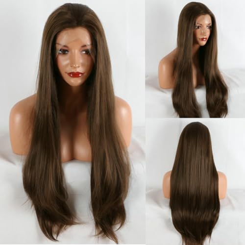 Kalisa Brown Lace Front Wig 24 Inch Long Silky Straight Dark Brown High Density Synthetic Wig - Natural Look, Glueless & Heat Resistant