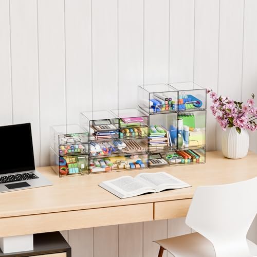 Small Clear Stackable Storage Drawers - 8 Pack, 2.2 Inch Tall Desk Organizer Set