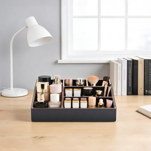 Large Black PU Leather Makeup Organizer Tray with 5 Compartments - Vanity Storage