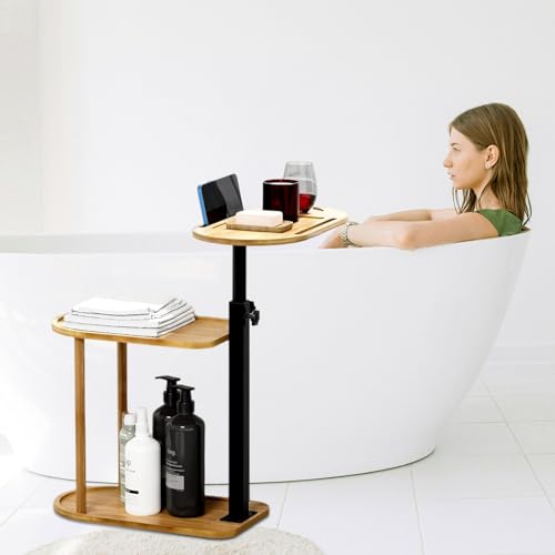 Natural Bamboo 3-Layer Bathtub Tray Table Height Adjustable Swivel Side Table