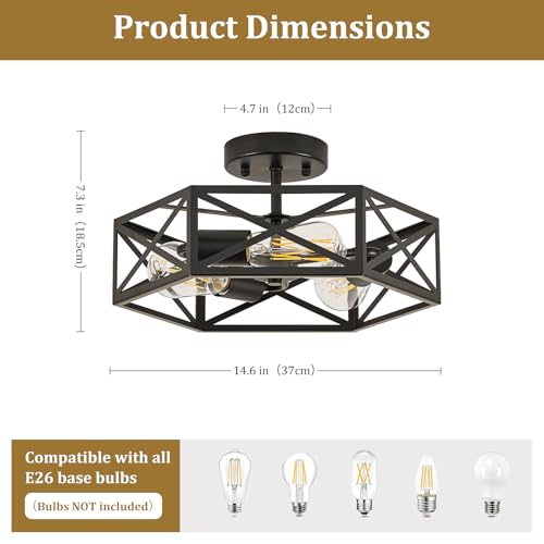KUZIEG 14.6 Inch Modern Farmhouse Black Metal Semi Flush Mount Ceiling Light Fixture