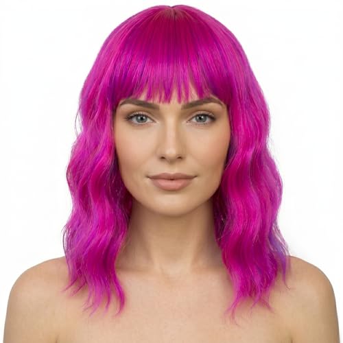 Dopdiz Rose Mixed Purple Short Wavy Bob Wig with Bangs for Women - Heat-Resistant Synthetic Cosplay Hair